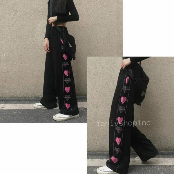 Y2K Heart Print Wide Leg Pants for Women - Harajuku Streetwear Fashion