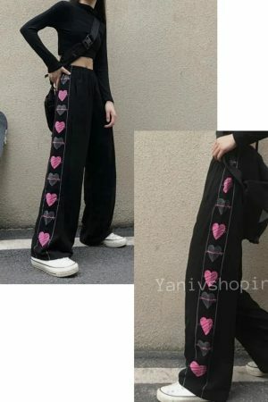 Y2K Heart Print Wide Leg Pants for Women - Harajuku Streetwear Fashion