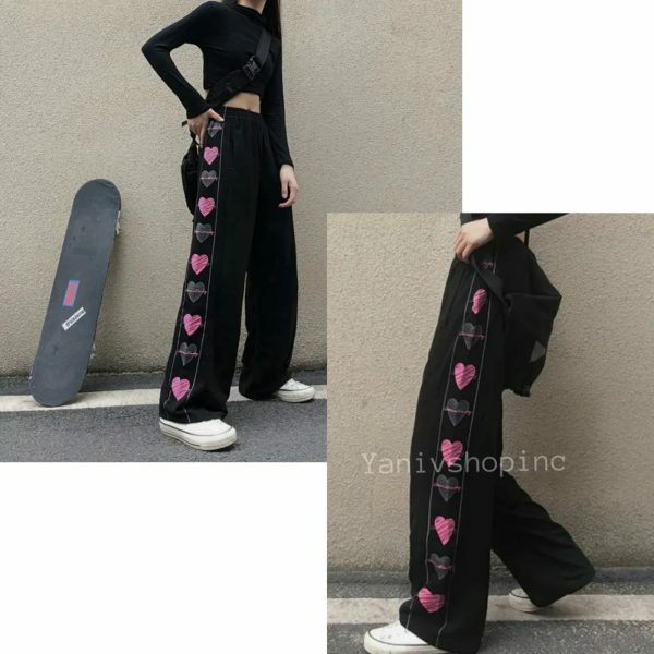 Y2K Heart Print Wide Leg Pants for Women - Harajuku Streetwear Fashion