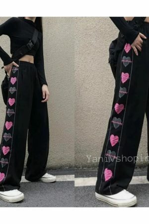 Y2K Heart Print Wide Leg Pants for Women - Harajuku Streetwear Fashion