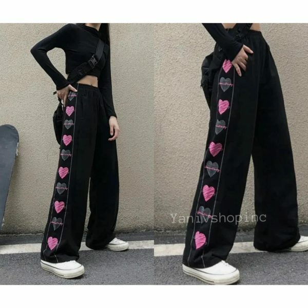 Y2K Heart Print Wide Leg Pants for Women - Harajuku Streetwear Fashion