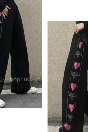 Y2K Heart Print Wide Leg Pants for Women - Harajuku Streetwear Fashion