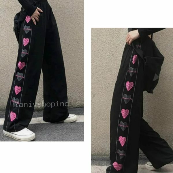 Y2K Heart Print Wide Leg Pants for Women - Harajuku Streetwear Fashion