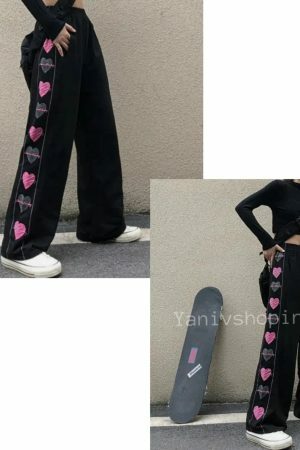 Y2K Heart Print Wide Leg Pants for Women - Harajuku Streetwear Fashion