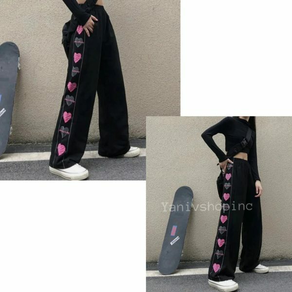 Y2K Heart Print Wide Leg Pants for Women - Harajuku Streetwear Fashion