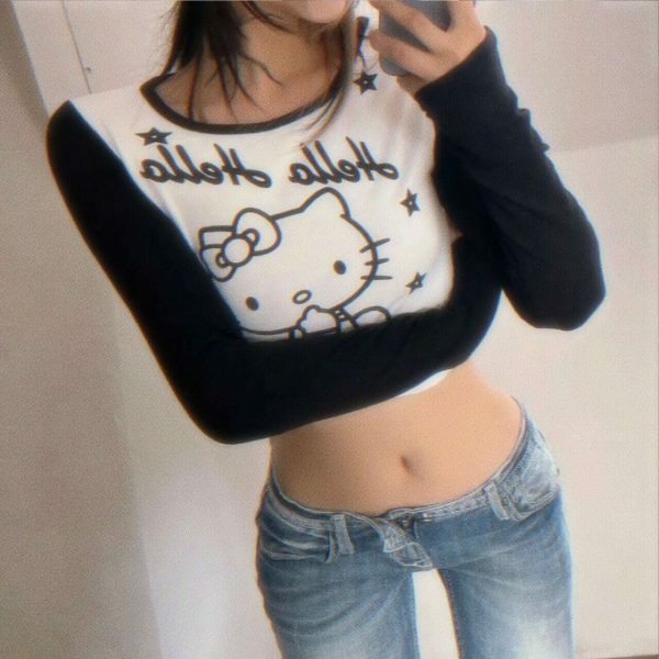 Y2K Hello Kitty Black and White Streetwear Top