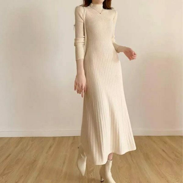 Y2K High Neck Knitted Midi Sweater Dress