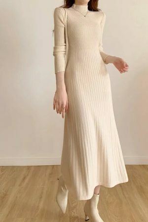 Y2K High Neck Knitted Midi Sweater Dress