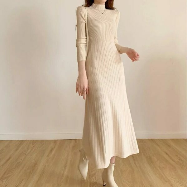 Y2K High Neck Knitted Midi Sweater Dress