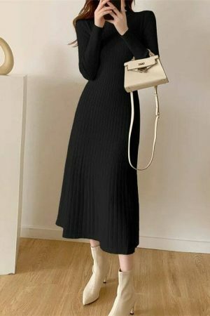 Y2K High Neck Knitted Midi Sweater Dress