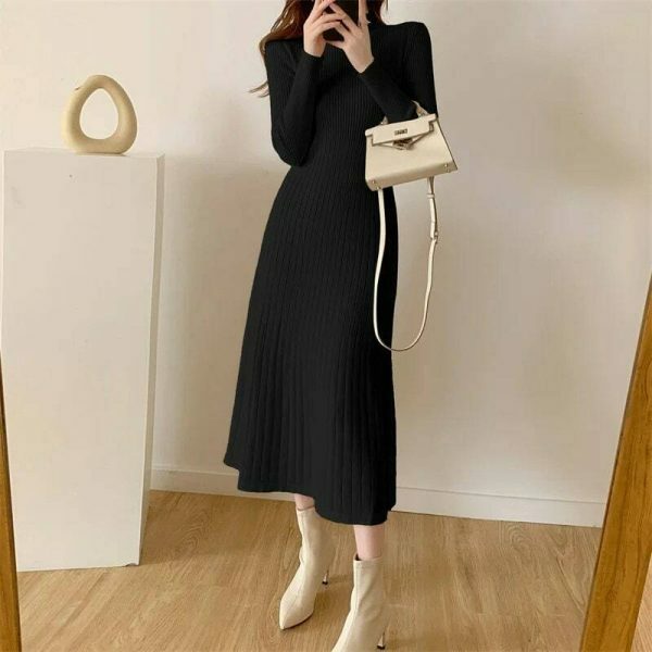 Y2K High Neck Knitted Midi Sweater Dress