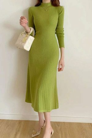 Y2K High Neck Knitted Midi Sweater Dress