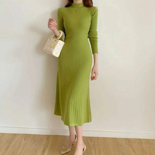 Y2K High Neck Knitted Midi Sweater Dress