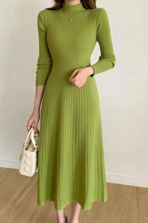 Y2K High Neck Knitted Midi Sweater Dress