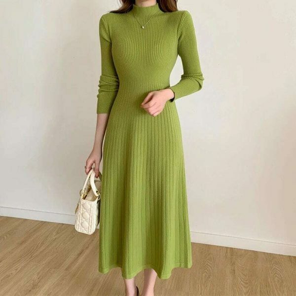 Y2K High Neck Knitted Midi Sweater Dress