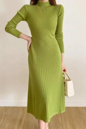 Y2K High Neck Knitted Midi Sweater Dress