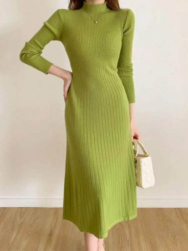 Y2K High Neck Knitted Midi Sweater Dress