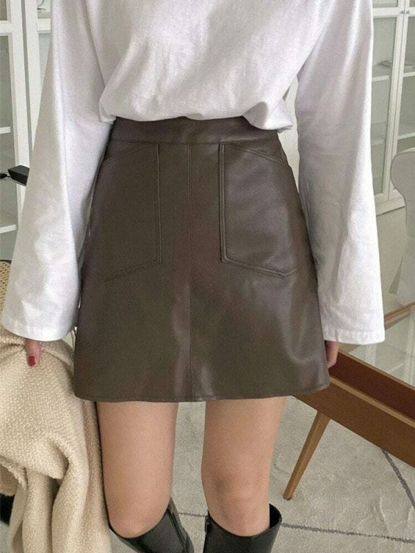 Y2K High Waist A-line Faux Leather Mini Skirt with Pockets