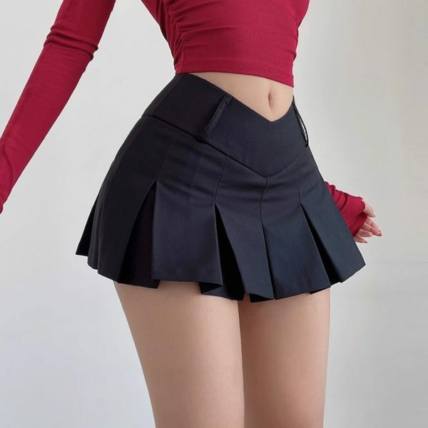 Y2K High Waist A-Line Mini Skirt with V Waist Design - Pleated Streetwear Fashion