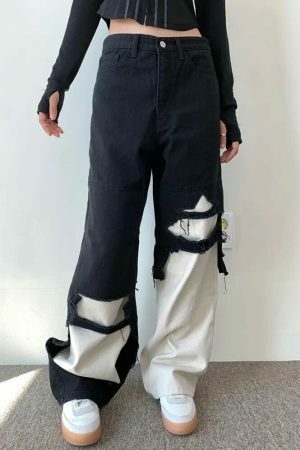 Y2K High Waist Color Spliced Denim Cargo Pants for Women