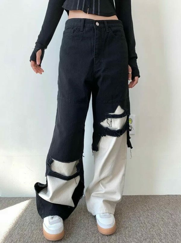 Y2K High Waist Color Spliced Denim Cargo Pants for Women