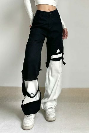 Y2K High Waist Color Spliced Denim Cargo Pants for Women