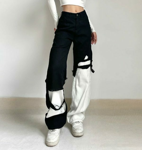 Y2K High Waist Color Spliced Denim Cargo Pants for Women