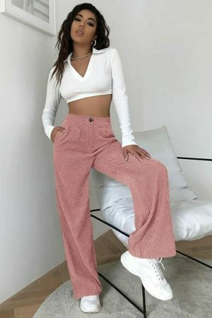 Y2K High Waist Corduroy Pants | Loose Straight Fit | Women's Streetwear Fashion