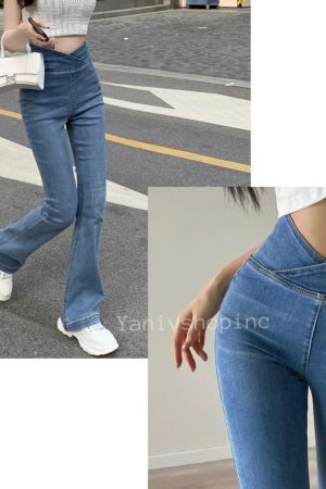 Y2K High Waist Flared Denim Pants for Women - Streetwear Stretch Jeans