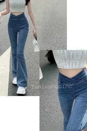 Y2K High Waist Flared Denim Pants for Women - Streetwear Stretch Jeans