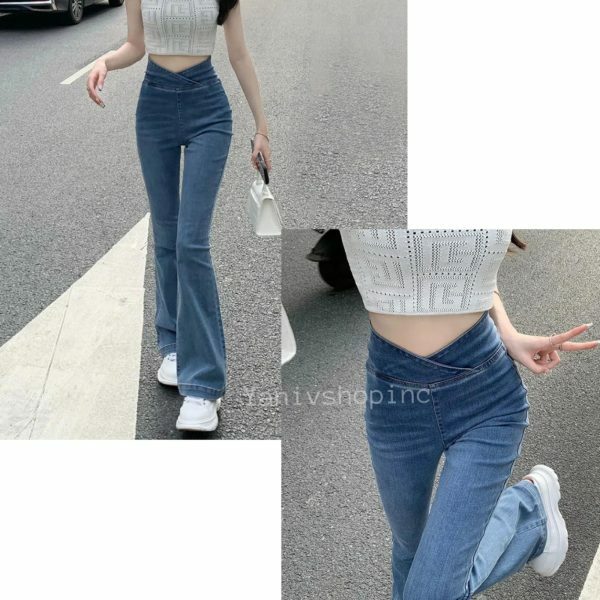 Y2K High Waist Flared Denim Pants for Women - Streetwear Stretch Jeans