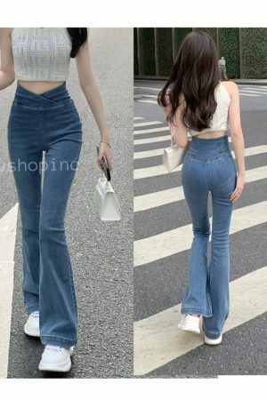 Y2K High Waist Flared Denim Pants for Women - Streetwear Stretch Jeans