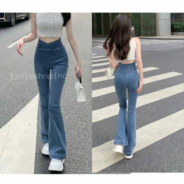 Y2K High Waist Flared Denim Pants for Women - Streetwear Stretch Jeans