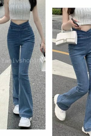 Y2K High Waist Flared Denim Pants for Women - Streetwear Stretch Jeans