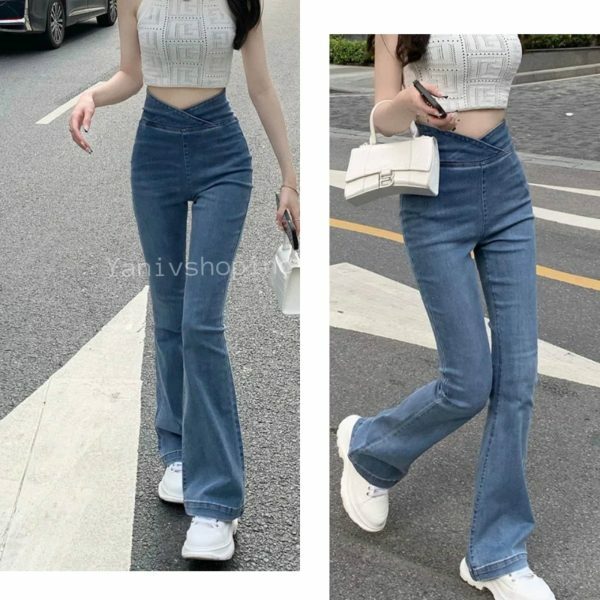 Y2K High Waist Flared Denim Pants for Women - Streetwear Stretch Jeans