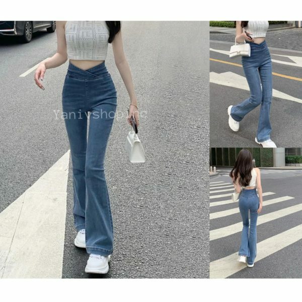 Y2K High Waist Flared Denim Pants for Women - Streetwear Stretch Jeans