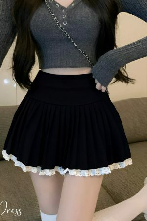 Y2K High Waist Lace Pleated Mini Skirt, Streetwear Dark Academia Aesthetic, Elegant Chic Women's Fashion