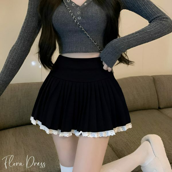 Y2K High Waist Lace Pleated Mini Skirt, Streetwear Dark Academia Aesthetic, Elegant Chic Women's Fashion