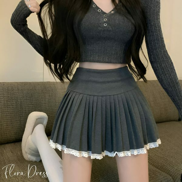 Y2K High Waist Lace Pleated Mini Skirt, Streetwear Dark Academia Aesthetic, Elegant Chic Women's Fashion