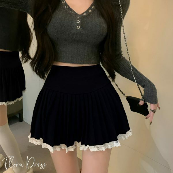 Y2K High Waist Lace Pleated Mini Skirt, Streetwear Dark Academia Aesthetic, Elegant Chic Women's Fashion