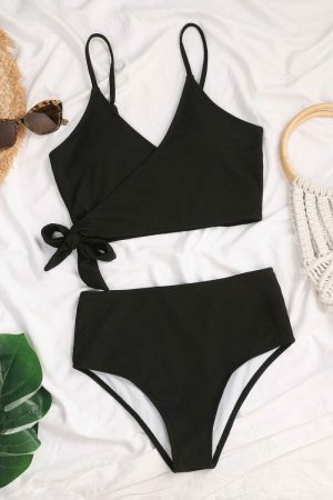 Y2K High Waist Ribbed Black Bikini Bottoms, Soft Modern Classy Swimwear