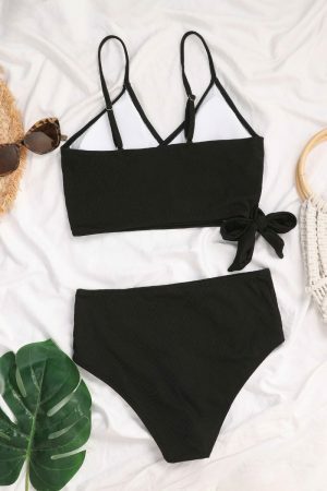 Y2K High Waist Ribbed Black Bikini Bottoms, Soft Modern Classy Swimwear