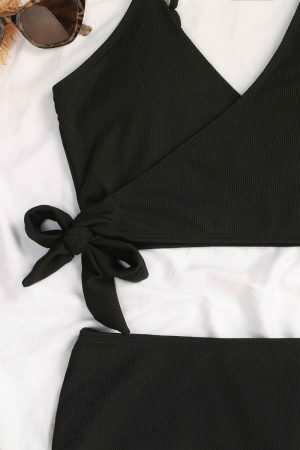 Y2K High Waist Ribbed Black Bikini Bottoms, Soft Modern Classy Swimwear