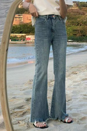 Y2K High Waist Vintage Wash Raw-hem Cut Flare Jeans