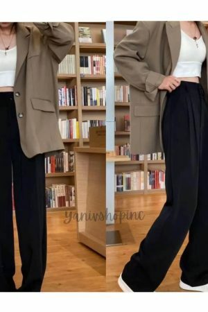 Y2K High Waist Wide Leg Black Suit Pants for Women - Korean Streetwear Fashion