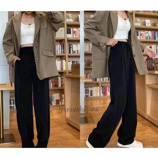 Y2K High Waist Wide Leg Black Suit Pants for Women - Korean Streetwear Fashion