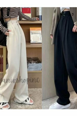 Y2K High Waist Wide Leg Black Suit Pants for Women - Korean Streetwear Fashion