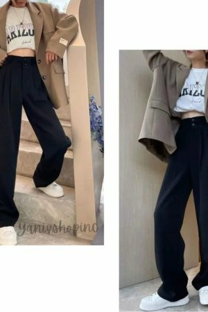 Y2K High Waist Wide Leg Black Suit Pants for Women - Korean Streetwear Fashion