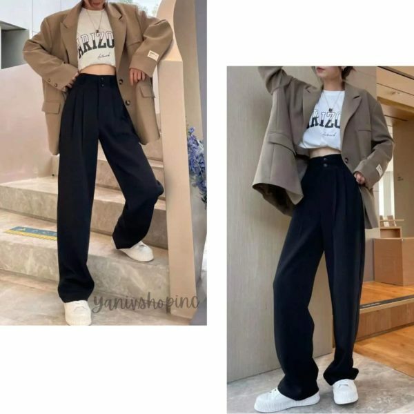 Y2K High Waist Wide Leg Black Suit Pants for Women - Korean Streetwear Fashion