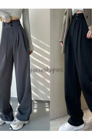 Y2K High Waist Wide Leg Black Suit Pants for Women - Korean Streetwear Fashion